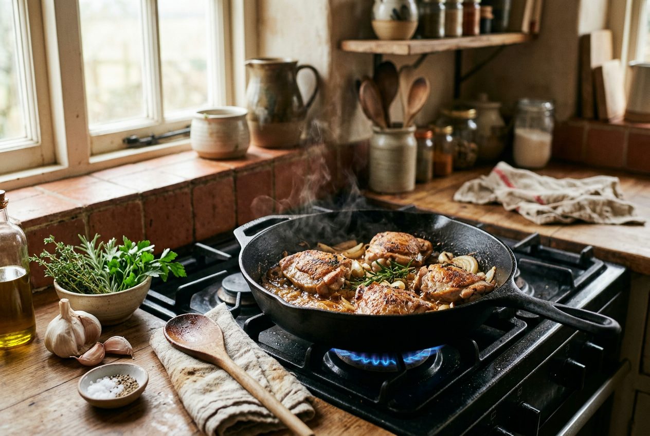 Cooking techniques in a warm rustic kitchen